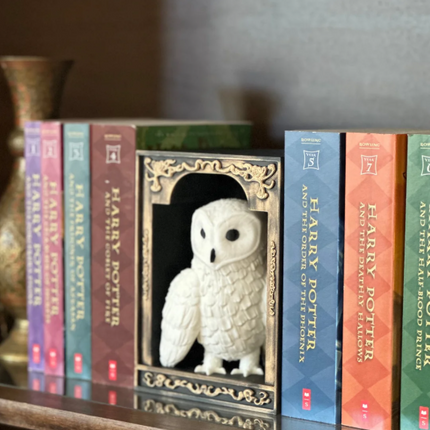 Decorative owl figure in front of Harry Potter bookshelf arrangement