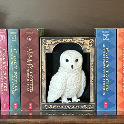Decorative owl figure in a frame with Harry Potter books on a shelf